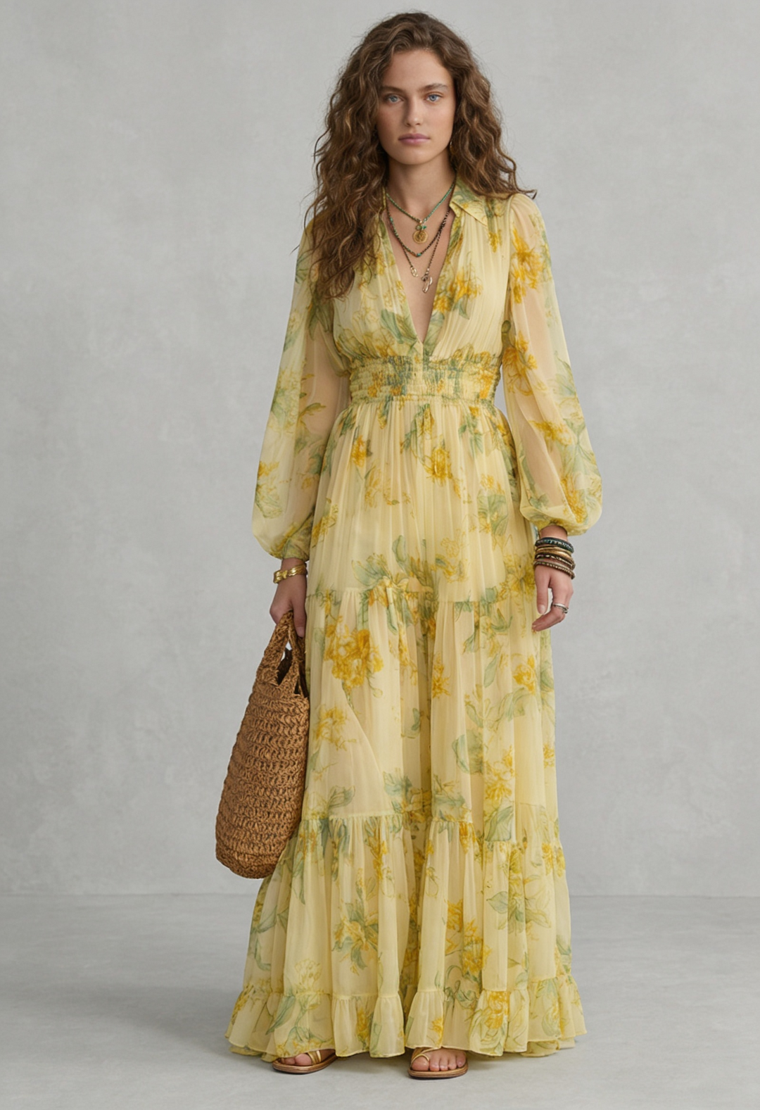 Sophia | Abito lungo boho in chiffon giallo