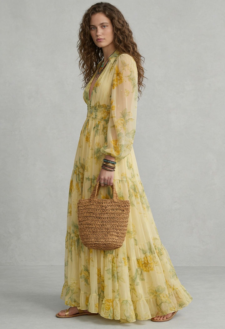 Sophia | Abito lungo boho in chiffon giallo