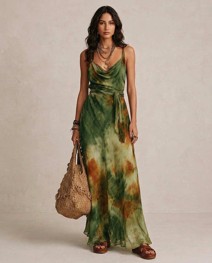 Elira | Vestido largo verde con estampado abstracto