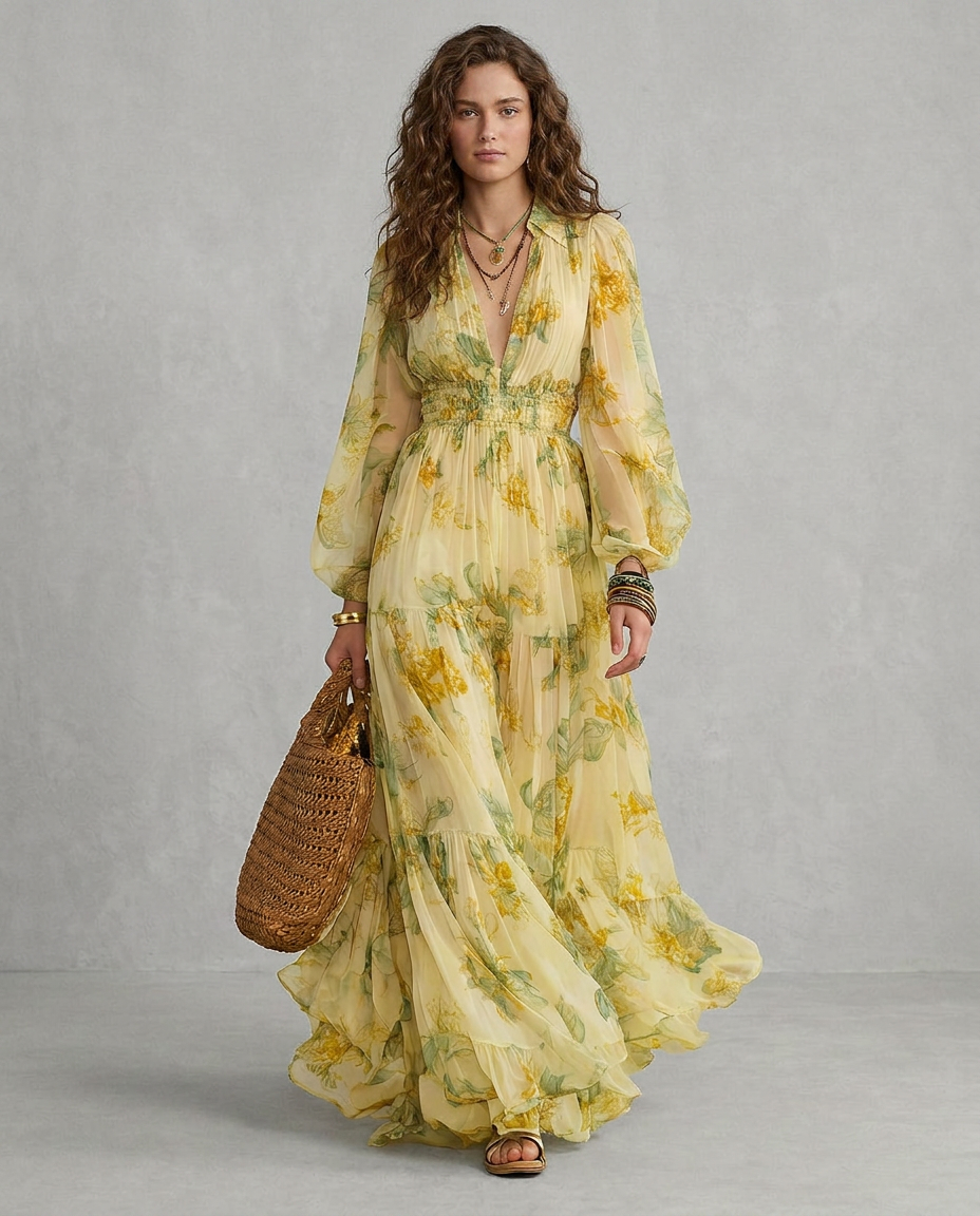 Sophia | Abito lungo boho in chiffon giallo