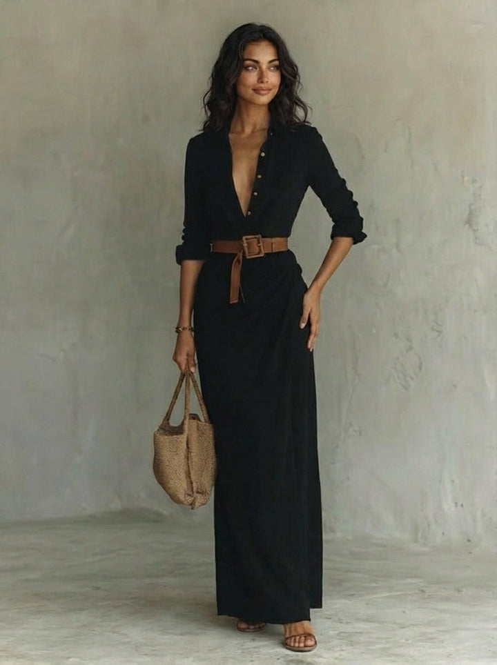 Vestido largo maxi con cuello de solapa y mangas largas para mujer