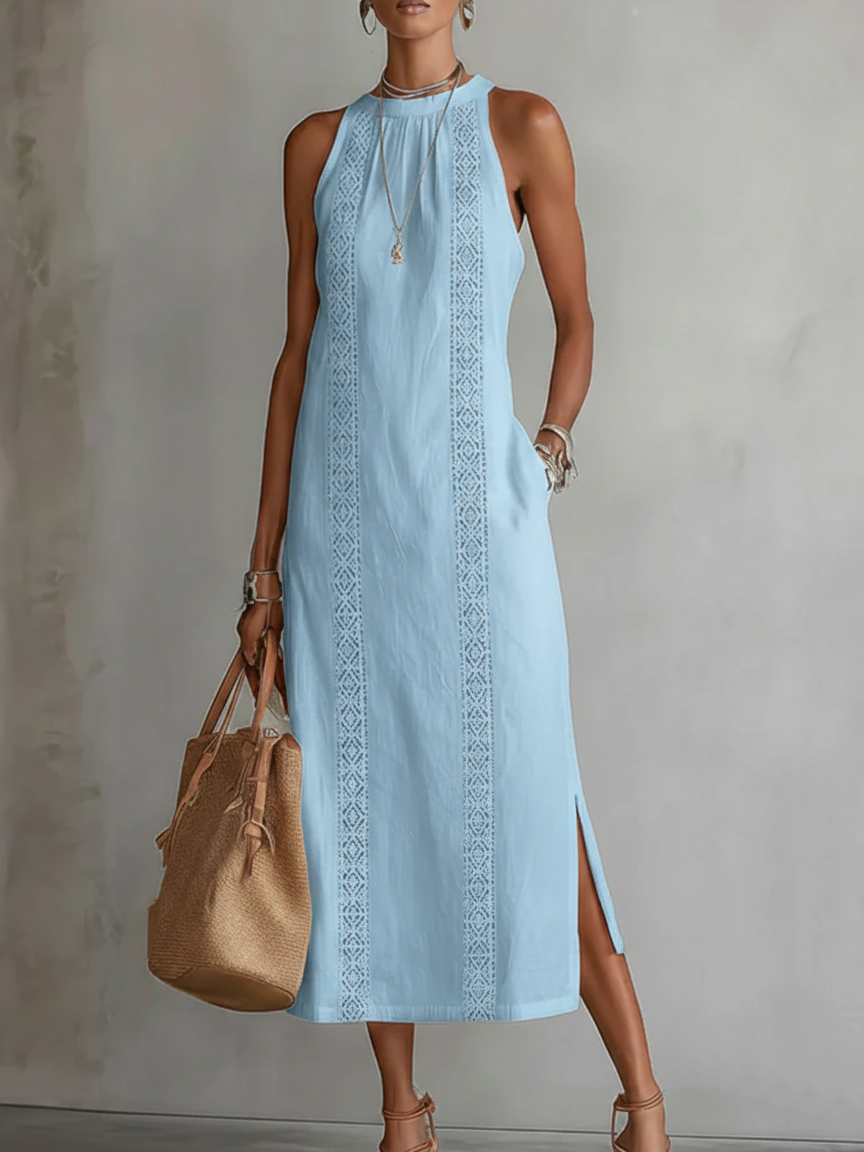 Jimena - Abito midi in lino e cotone con collo alla coreana