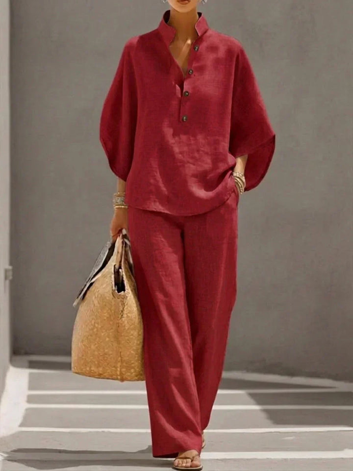 Camille™ | Ensemble en lin avec manches chauve-souris et pantalon à jambes larges