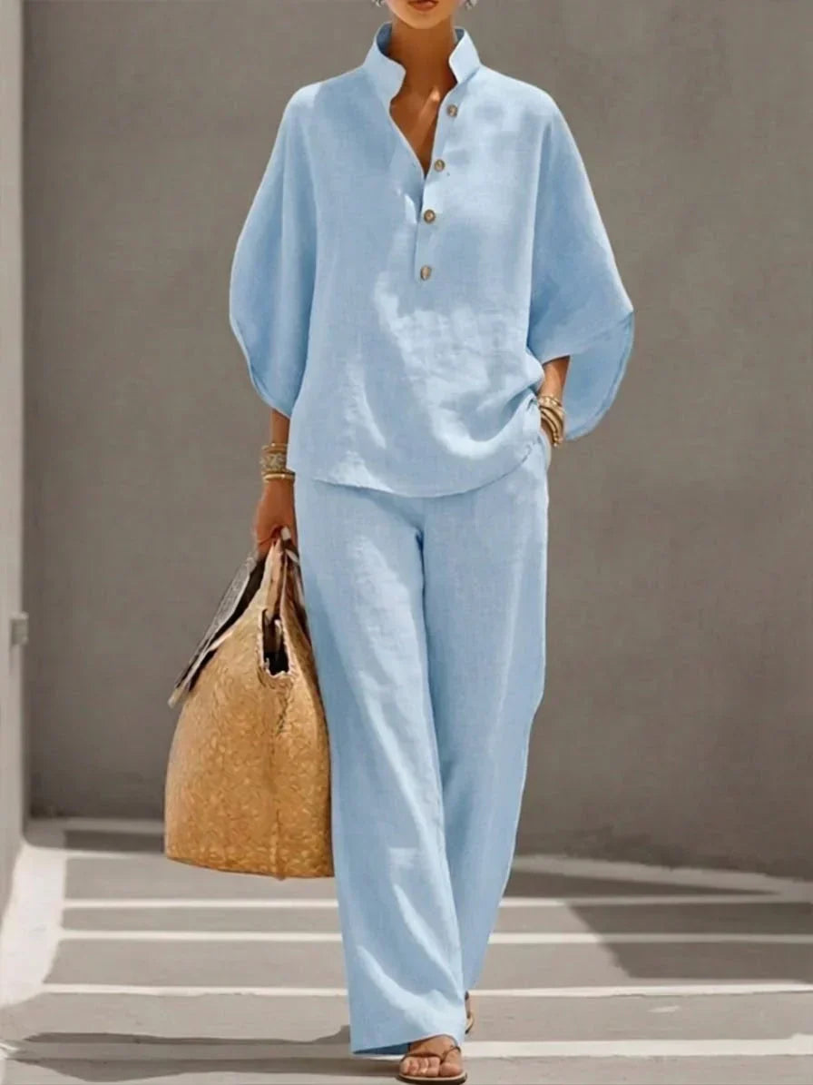 Camille™ | Ensemble en lin avec manches chauve-souris et pantalon à jambes larges