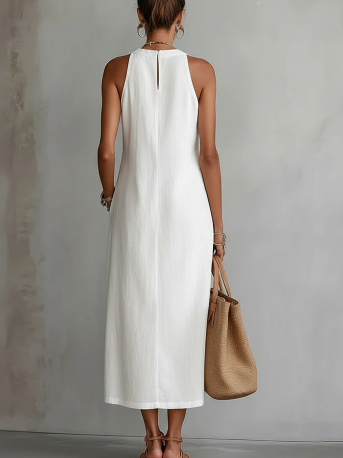 Jimena - Abito midi in lino e cotone con collo alla coreana