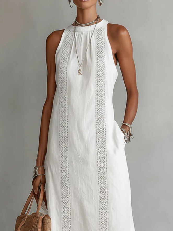 Jimena - Abito midi in lino e cotone con collo alla coreana