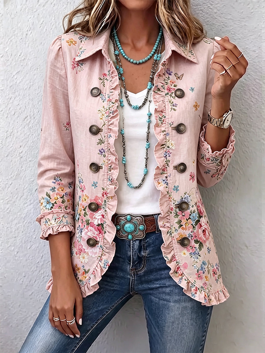 Maddalena Floral Jacket with Ruffles and Buttons