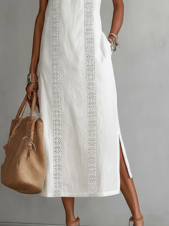 Jimena - Abito midi in lino e cotone con collo alla coreana