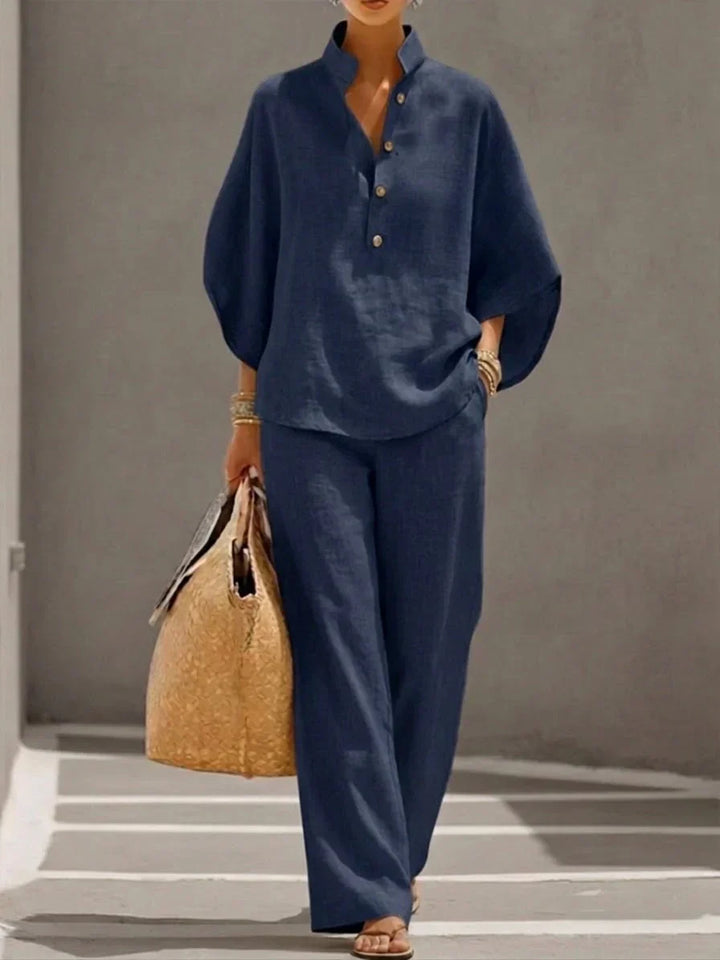Camille™ | Ensemble en lin avec manches chauve-souris et pantalon à jambes larges