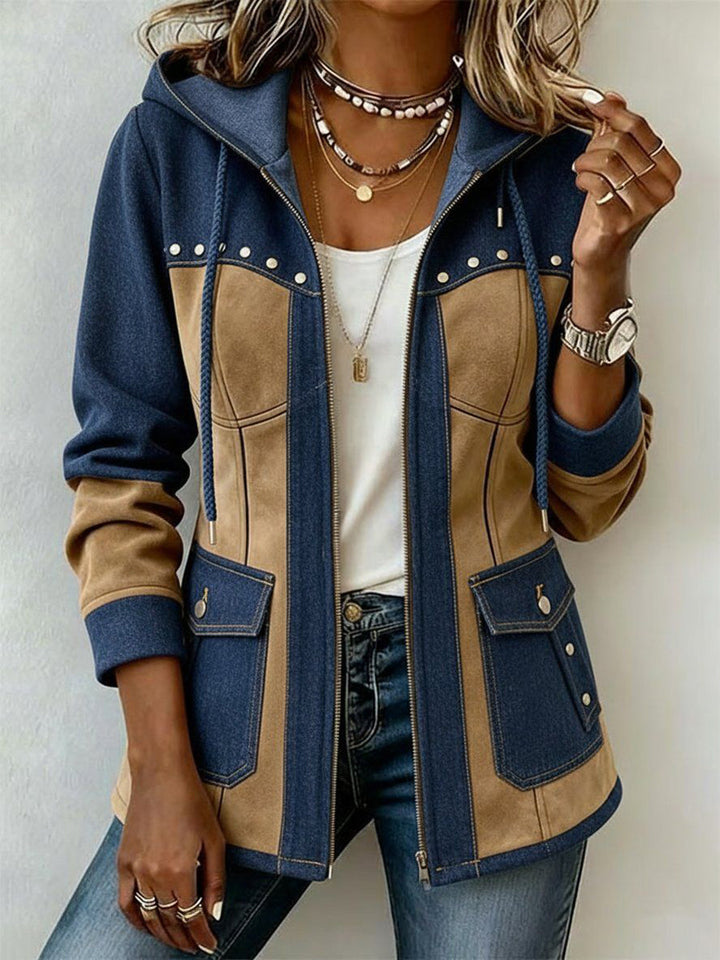 Adriana | Hooded Jacket in Navy Blue and Camel