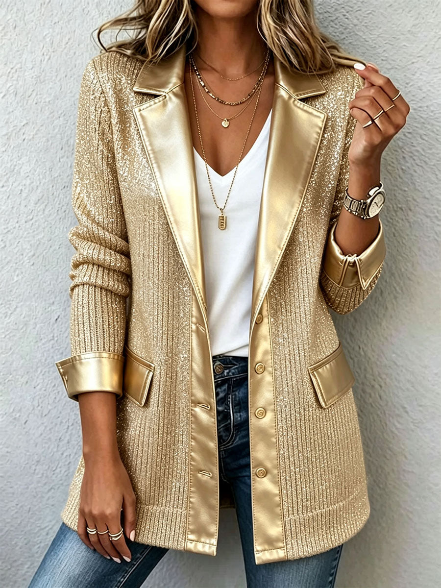 Aurora | Blazer en maille dorée avec bordure contrastante