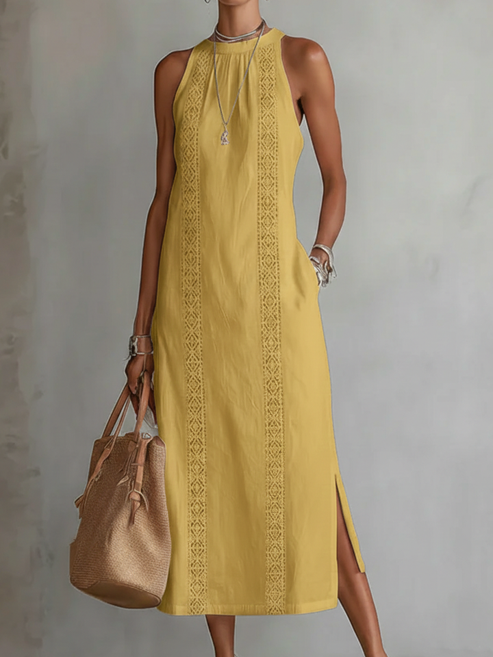 Jimena - Abito midi in lino e cotone con collo alla coreana