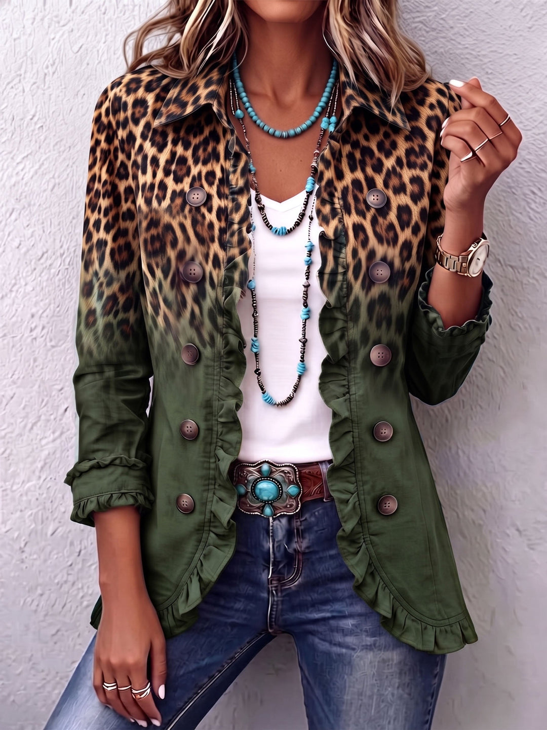Nunzia | Blazer leopardato verde con volant