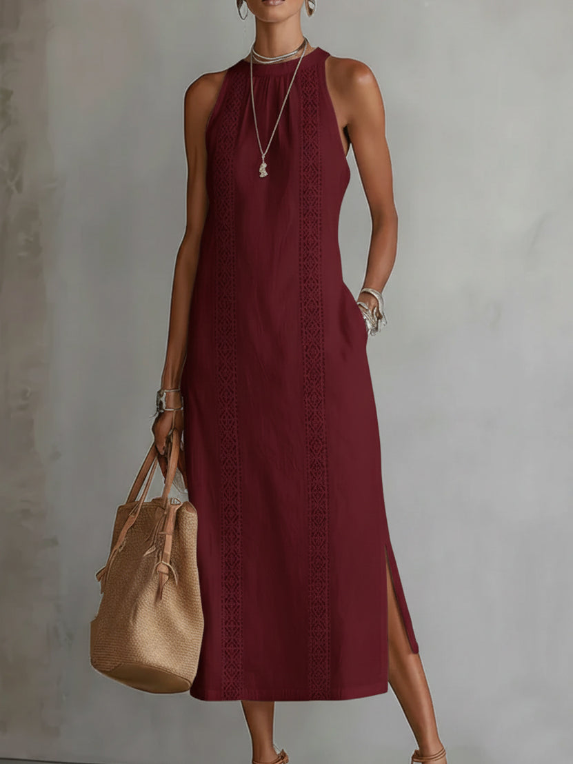 Jimena - Abito midi in lino e cotone con collo alla coreana