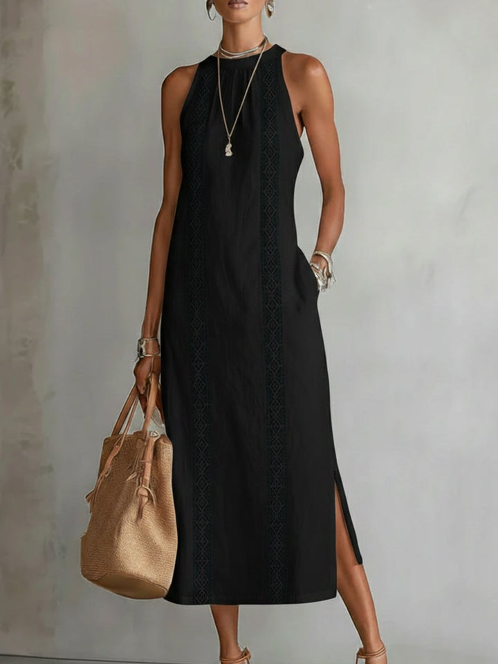Jimena - Abito midi in lino e cotone con collo alla coreana