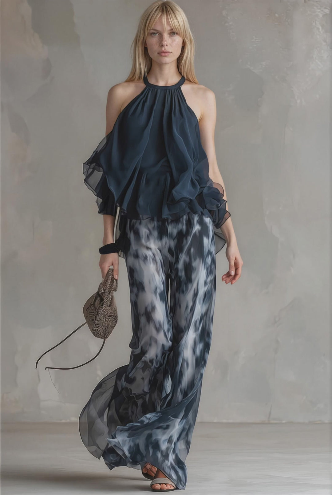 Ludovica - elegant in chiffon with high neck top and wide printed trousers