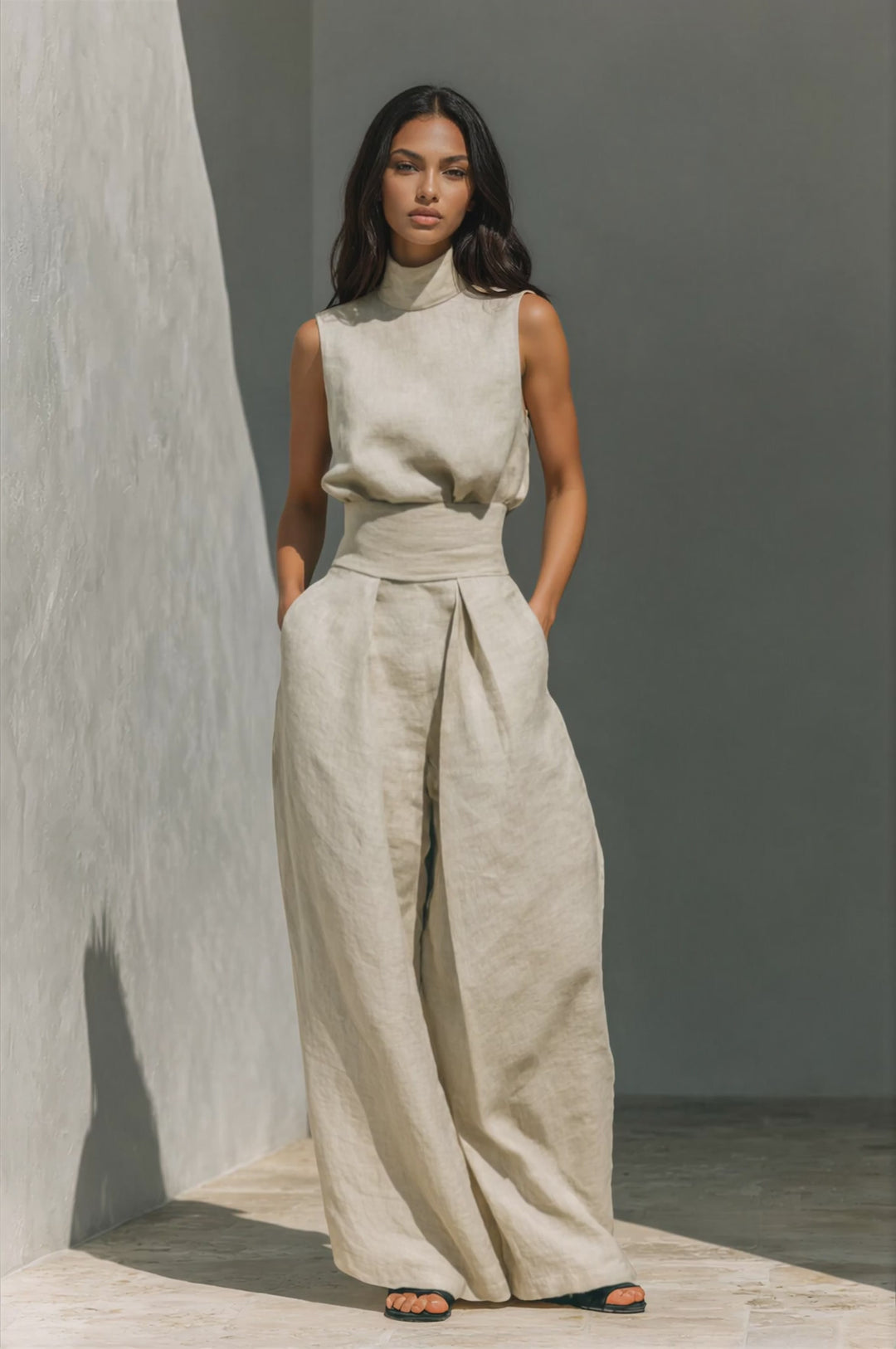María: conjunto minimalista de camiseta sin mangas de algodón y lino y pantalones holgados para mujer