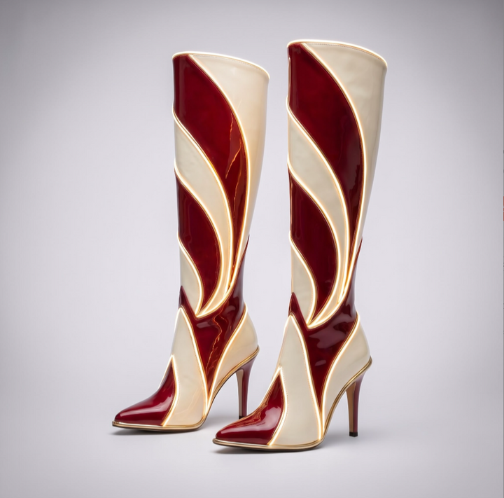Red &amp; Ivory Swirl Knee-High Heeled Boots - view 1