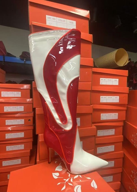 Red &amp; Ivory Swirl Knee-High Heeled Boots - view 3