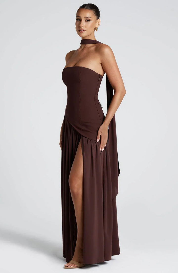 Abito Bustier con Foulard e Fessura Alta