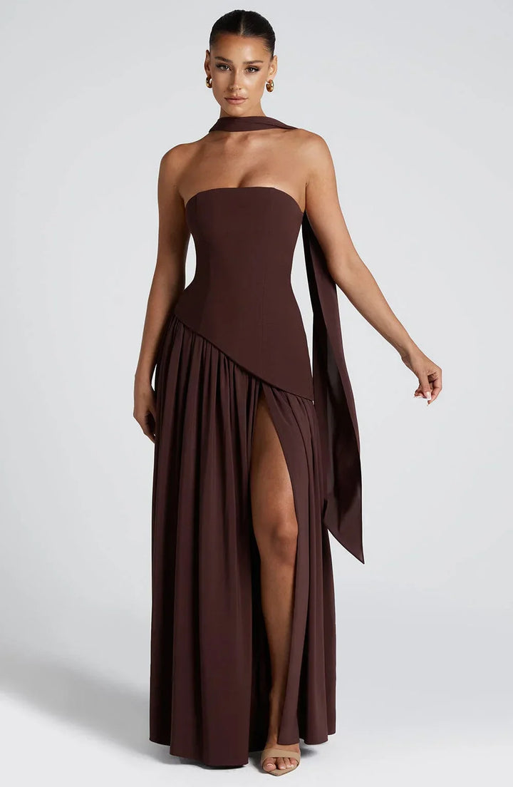 Abito Bustier con Foulard e Fessura Alta