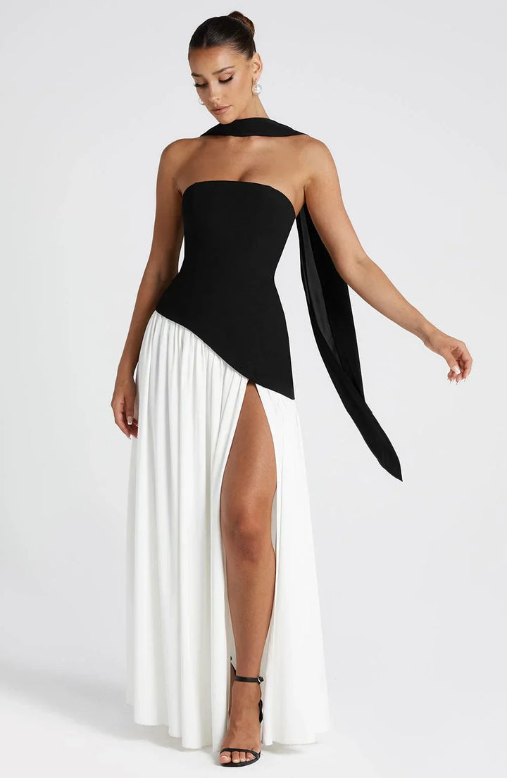 Abito Bustier con Foulard e Fessura Alta