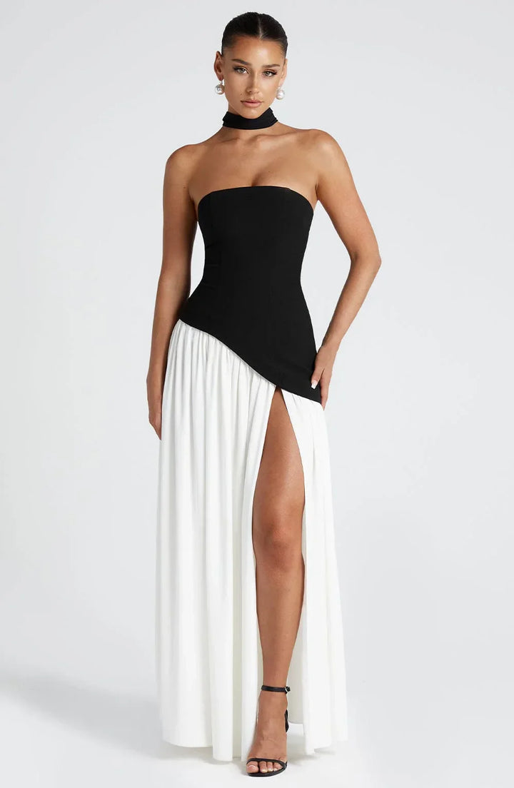 Abito Bustier con Foulard e Fessura Alta