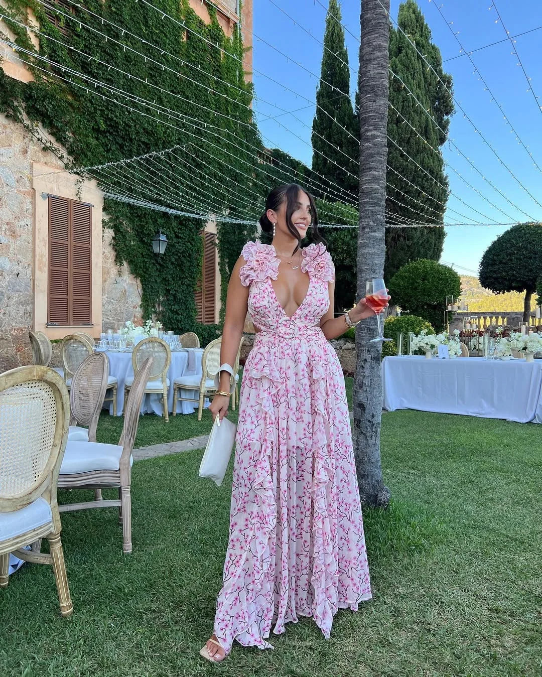 Abito lungo floreale arancione e rosa