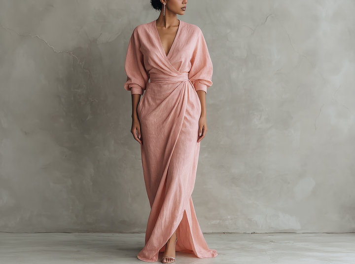 Vestido largo de mujer en color rosa, de corte minimalista y con cuello en V, confeccionado en una mezcla de lino