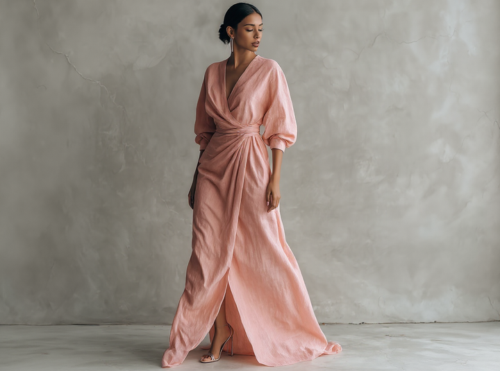 Vestido largo de mujer en color rosa, de corte minimalista y con cuello en V, confeccionado en una mezcla de lino
