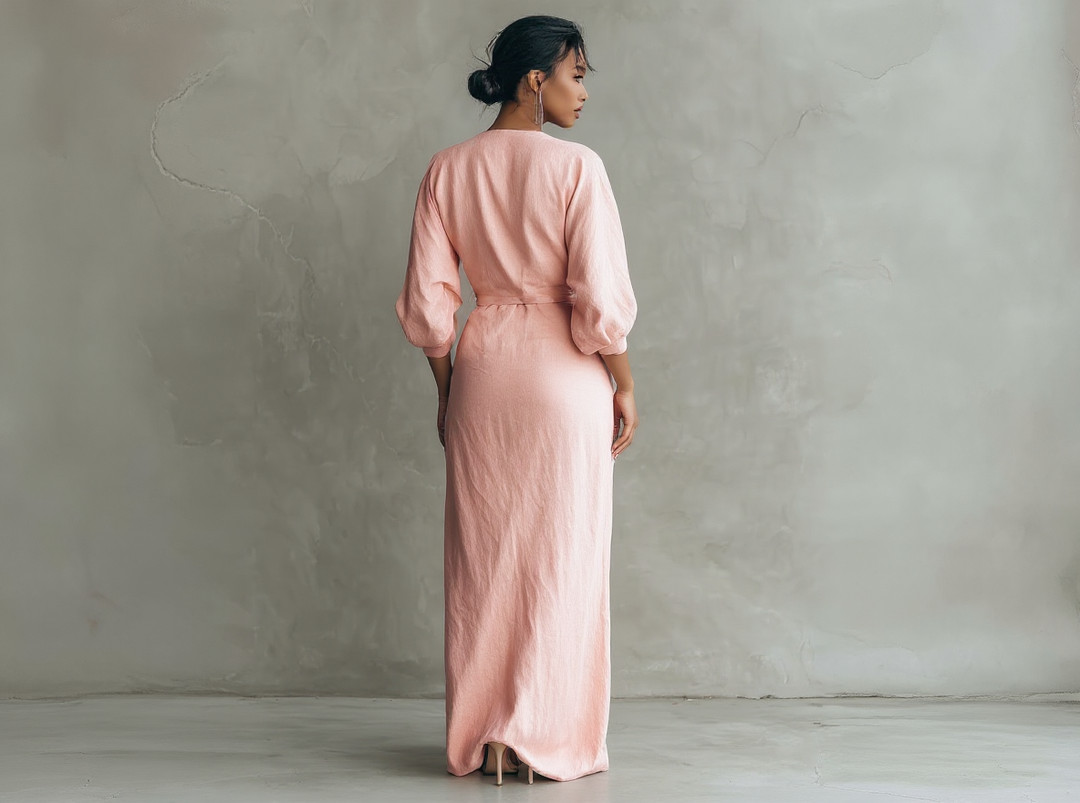 Vestido largo de mujer en color rosa, de corte minimalista y con cuello en V, confeccionado en una mezcla de lino