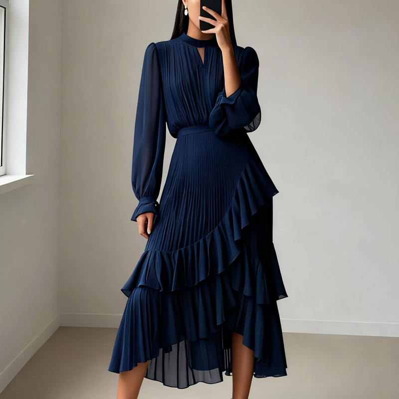 Elegante abito midi plissettato con volant