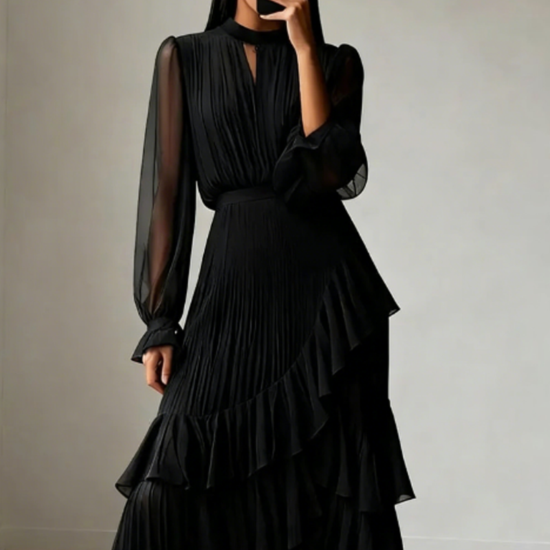 Elegante abito midi plissettato con volant