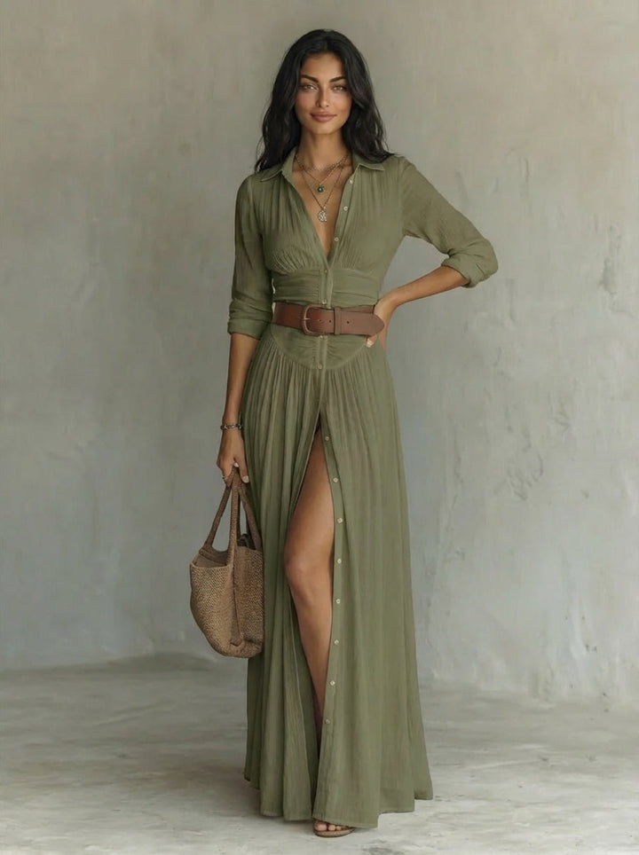 Vestido largo maxi con cuello de solapa y mangas largas de lino para mujer